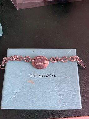 Tiffany & Co. Silver Oval Tag Link Bracelet on Blue Box